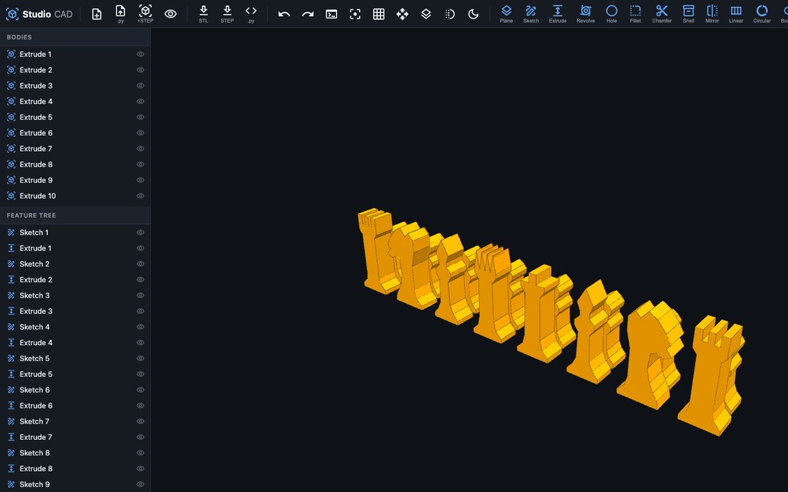 CADStudio web interface with feature tree and 3D viewport
